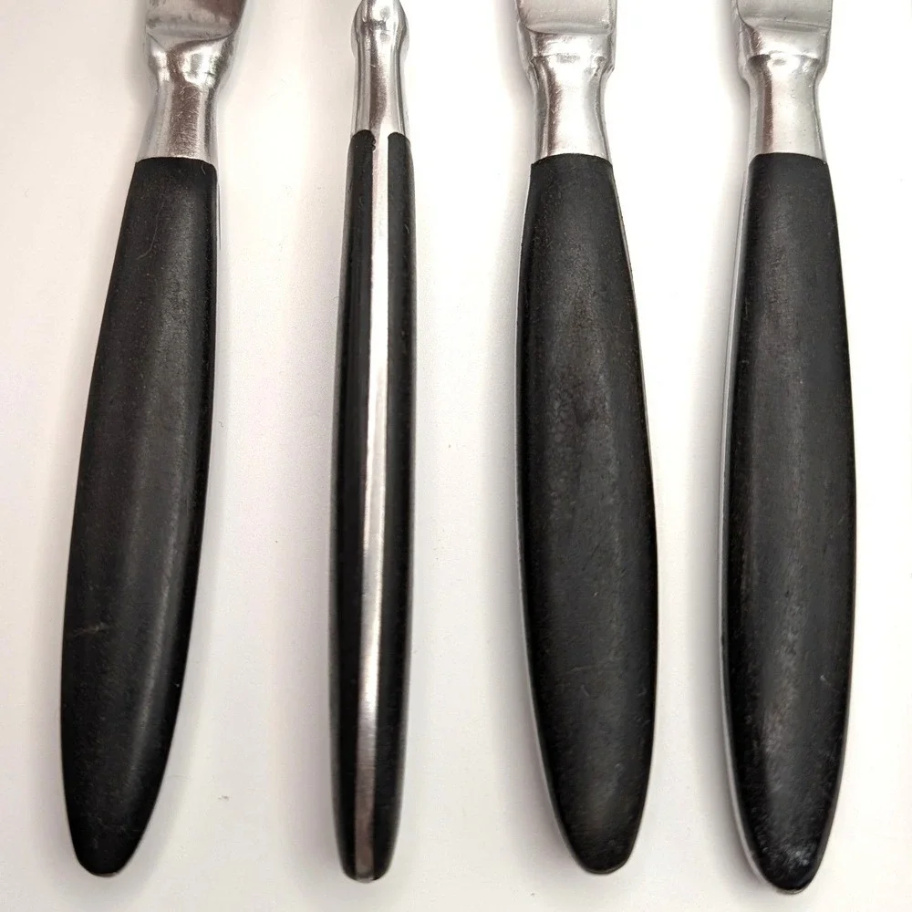 Halco Steak Knives Set of 6 Vintage Stainless Japan Black Handle MCM Full Tang